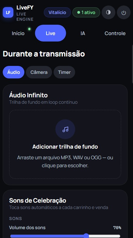 Topo da extensão LiveFY com marca, status, navegação e seção Durante transmissão